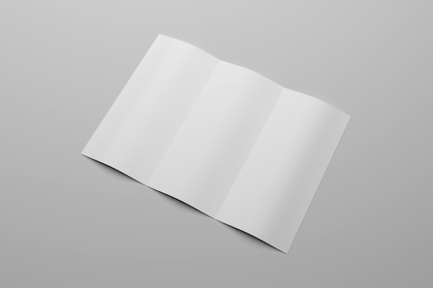 Blank trifold brochure on gray background 3D rendering