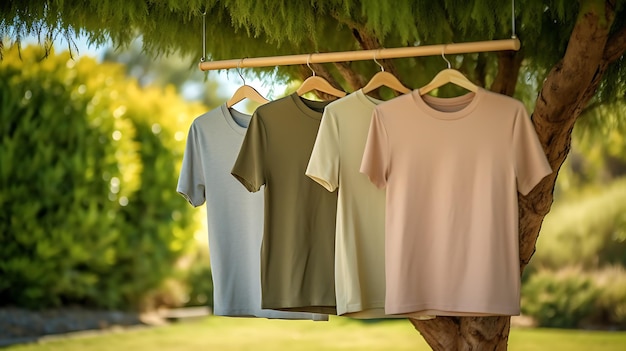 Blank tshirts set hanging on hangers mockup on garden nature plant