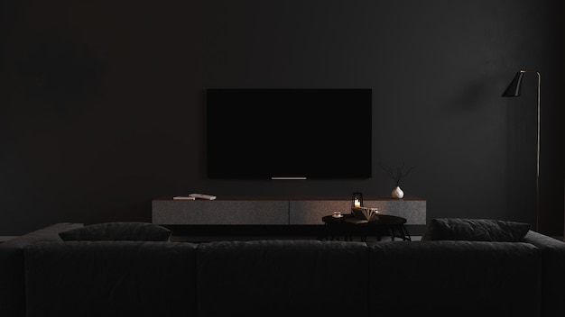 Blank tv-scherm in modern donker interieur met grijze bank in het donker mock up front view tv in woonkamer interieur achtergrond lege tv-display sjabloon 3d renderxA