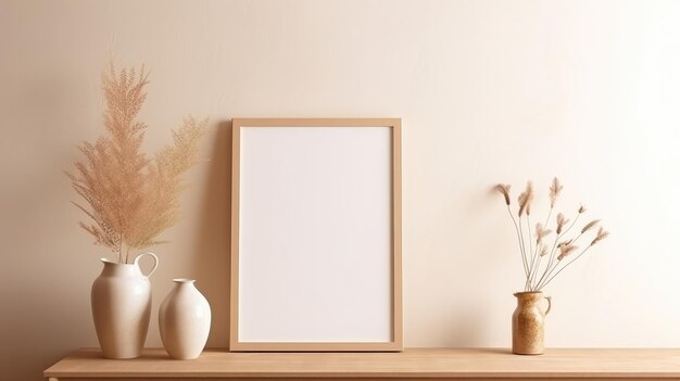 Blank verticaal frame op een monochrome zachte achtergrond in beige kleuren Mock up voor een foto of illustratie