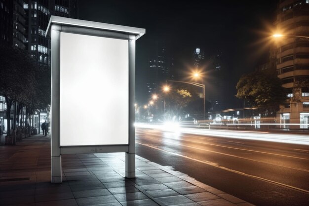 Poster verticale vuoto sul cartellone della fermata dell'autobus della città di notte illustrazione dell'ia generativa