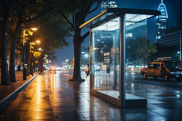 写真 空の垂直デジタルビルボードポスター市街地のバス停で夜間広告用の高層ビルモックアップで都市背景がぼやけています - 広告マーケティング ai ゲネレーティブ