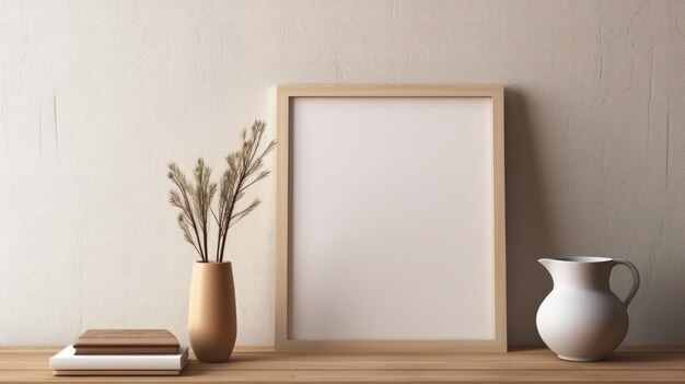 Blank vertical frame on a monochrome soft background in beige colors Mock up for a photo or illustration