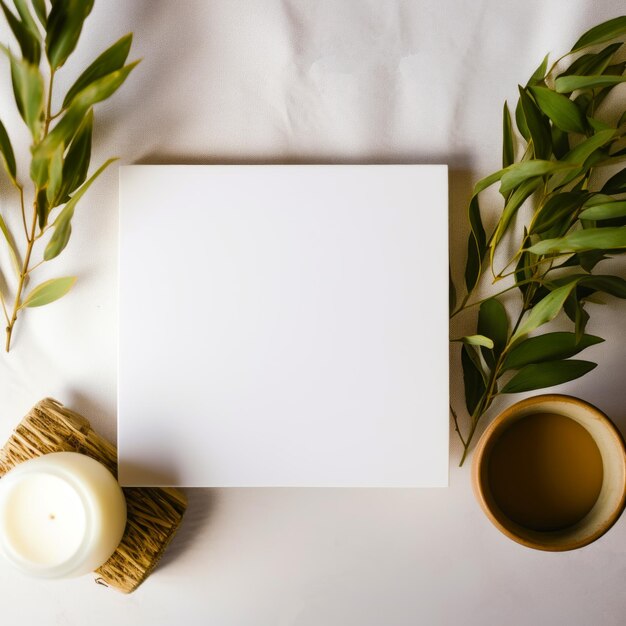 Blank vierkante stapel lakens top view op een witte achtergrond met groene planten aan de zijkanten