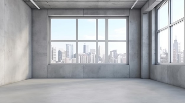 Blank wall in bright concrete office with large window Generative AI