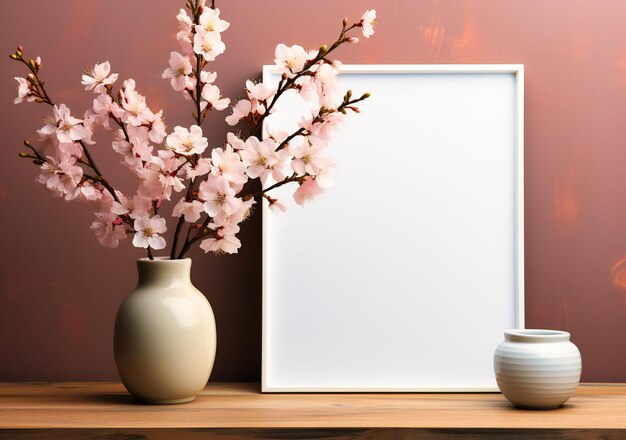 Blank wall decoration frame with flowers and white