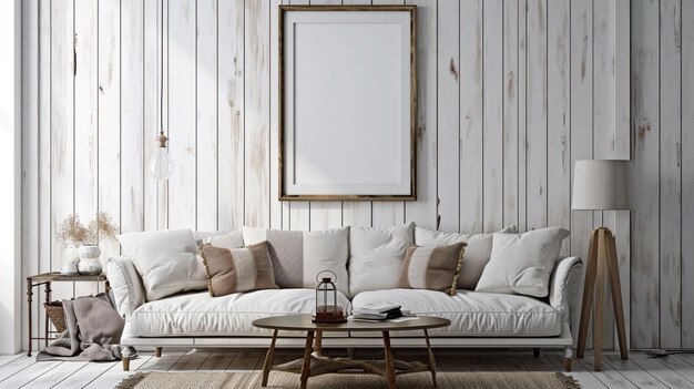 Blank wall in farmhouse living room interior farmhouse interior Generative Ai