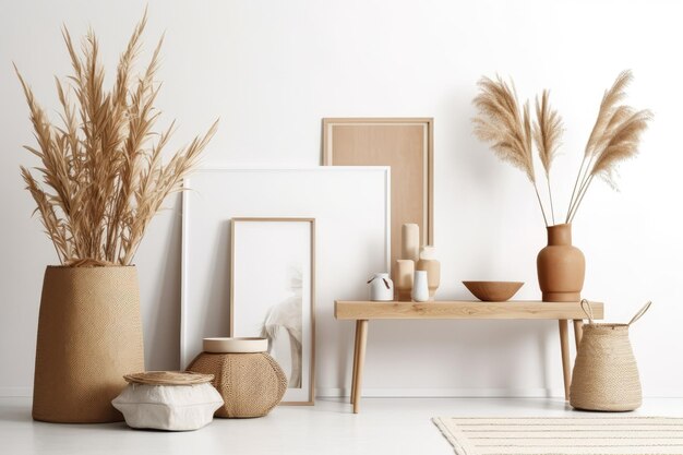 Blank wall mock up in a Scandinavian Boho styled interior setting