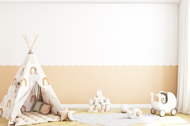 Photo blank wall mockup kids room in style boh