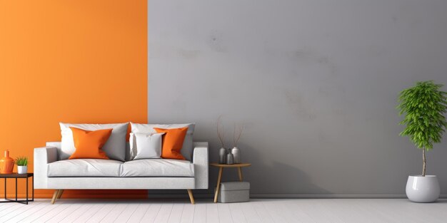 Blank wall in trendy living room with gray and orange decor and space for display