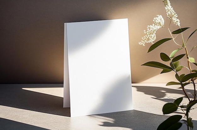装飾された背景のミニマルなデザインのカード生成 Ai 用の自然の花で空白のウェディング カードの招待状をモックアップします。