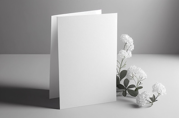 장식된 배경 최소 디자인 카드 생성 Ai를 위해 자연 꽃으로 조롱하는 빈 웨딩 카드 초대장
