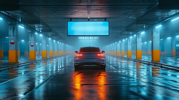 Blank white advertisement board on the wall in public parking area space