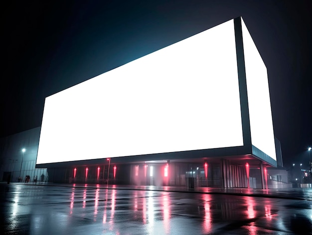 Blank white advertising billboard on a shopping center wall at night mockup Generative AI