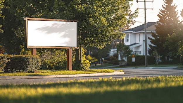 Blank white advertising board mockup in a suburban neighborhood