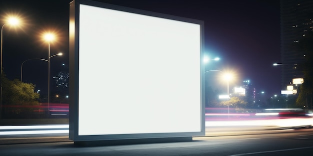 Blank white advertising display billboard in a city street at night with light streaks promotional p