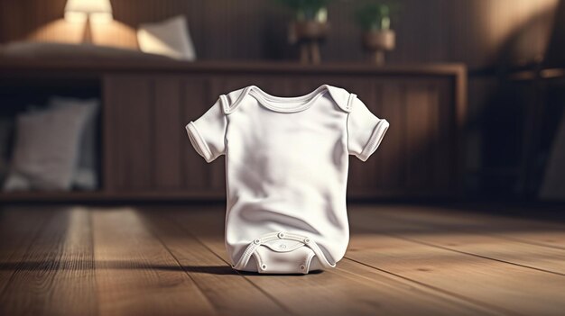 Blank white baby clothes on wooden floor generative ai