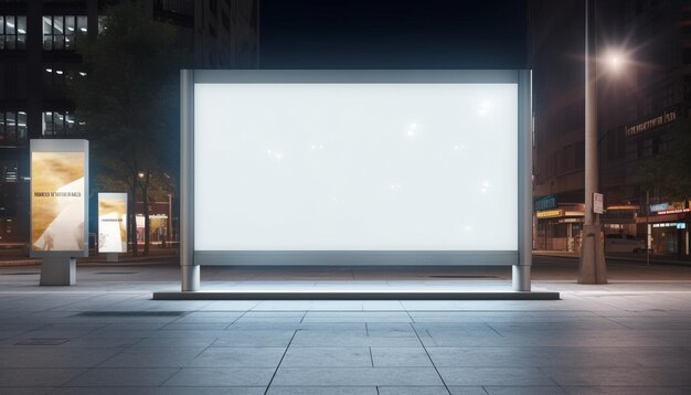 Blank white billboard at bus stand in evening rain cityscape