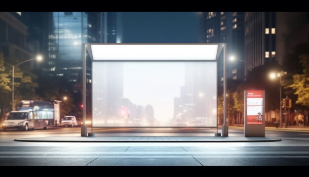 Blank white billboard at bus stand in evening rain cityscape