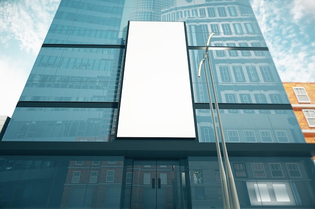 ビジネス センターのガラス壁に空白の白い看板をモックアップ 3 D レンダリングします。