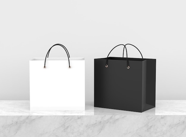 Blank white and black bags mockup template in 3d render on marble stone table