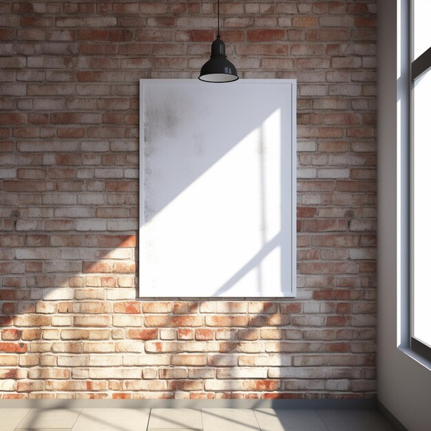 A blank white board hanging on a brick wall