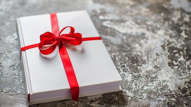 Photo blank white book lying as gift with red ribbon