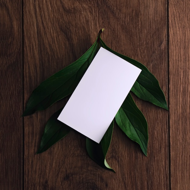 Blank white business card mockup on peony leaves wooden table background deep shadow top view