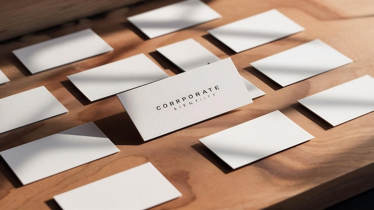 Photo blank white business card presentation of corporate identity on wood background
