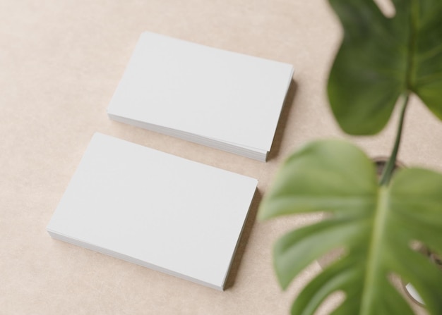 Blank white business cards with monstera plant on light brown background Natural mockup for branding identity Two cards to show both sides Template for graphic designer Free space 3D rendering