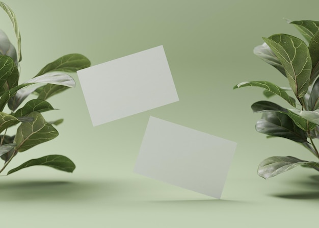 Blank white business cards with plants on green background Mock up for branding identity Two cards to show both sides Template for graphic designers Free copy space 3D rendering