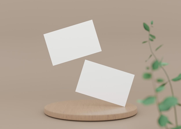 Blank white business cards with small sprig on brown background Natural mockup for branding identity Two cards to show both sides Template for graphic designer Free space 3D rendering