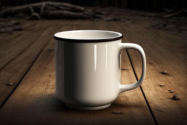 Пустая белая чашка кофе для кемпинга на деревянном столе Кофейная кружка Печать по требованию Макет