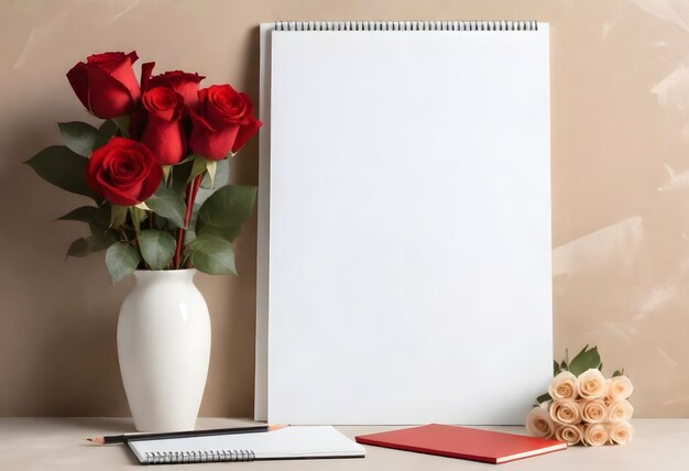 Blank white canvas on a beige wall next to a white vase with red roses frame mockup