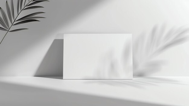 A blank white canvas stands on a white table against a white wall The scene is lit by a soft light from the left