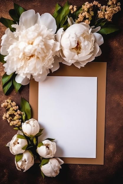 Photo blank white card on bronze background with peonies postcard generative ai