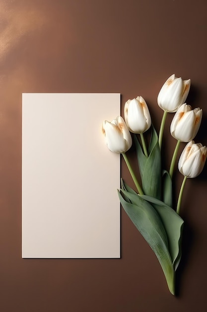 Blank White Card On Bronze Background With Tulips Postcard Generative AI