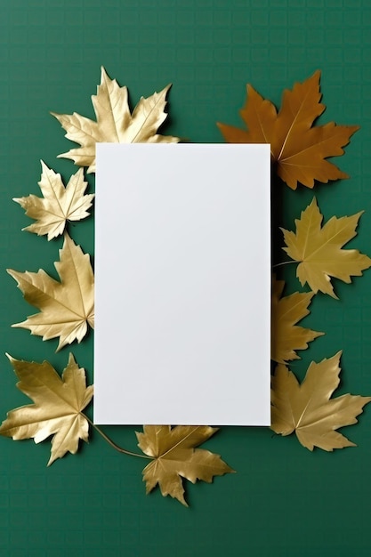 Blank White Card On Green And Gold Background With Maple Leaves Postcard Generative AI