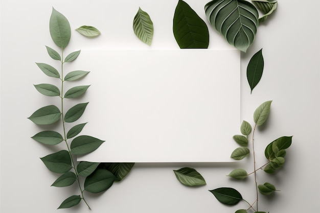 Blank white card green leaves on white background Illustration AI Generative