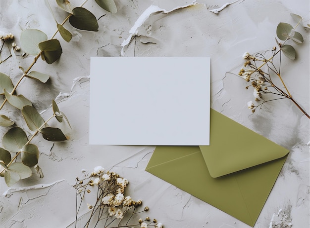 Foto un modello di carta bianca in bianco con un'enveloppa verde oliva accanto a esso piatto