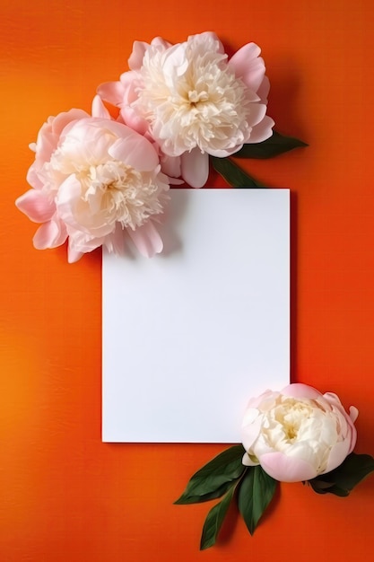 Blank White Card On Orange And Pink Background With Peonies Postcard Generative AI