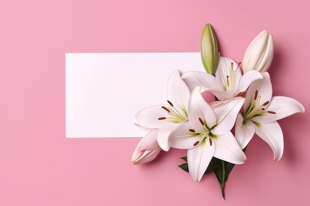 Blank white card on pink background with lilies postcard generative ai