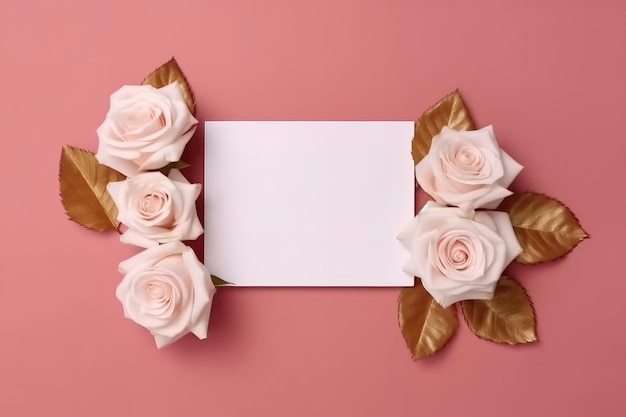 Photo blank white card on pink and gold background with roses postcard generative ai