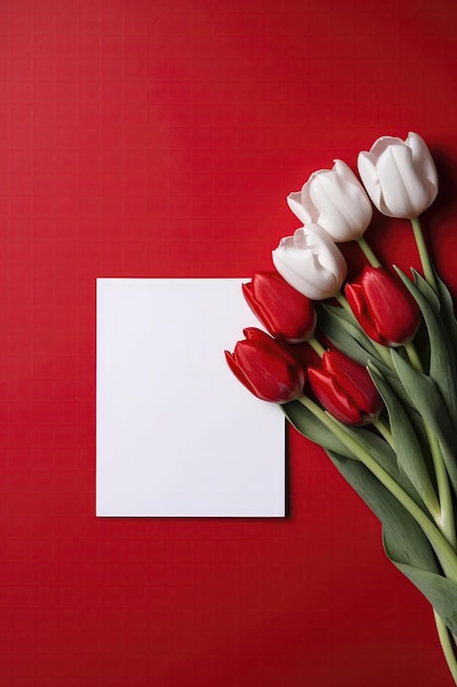 Blank White Card On Red Background With Tulips Postcard Generative AI