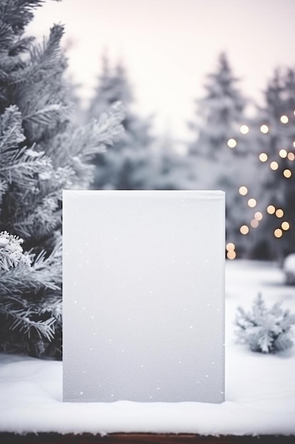 a blank white card sitting on top of snow covered ground