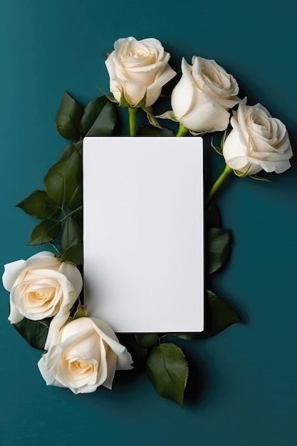 Blank White Card On Teal Background With Roses Postcard Generative AI