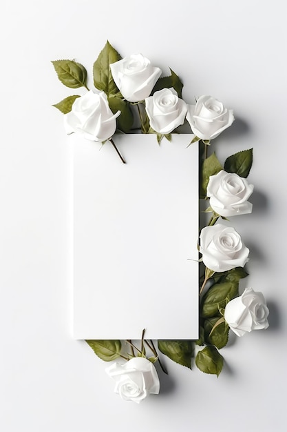 Photo blank white card on white background with roses postcard generative ai