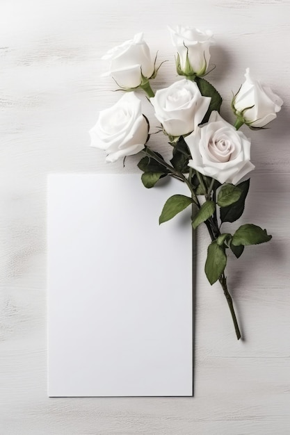 Blank White Card On White Background With Roses Postcard Generative AI