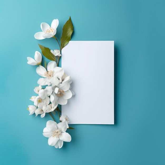 Blank white card with flowers around it on a Cyan color background