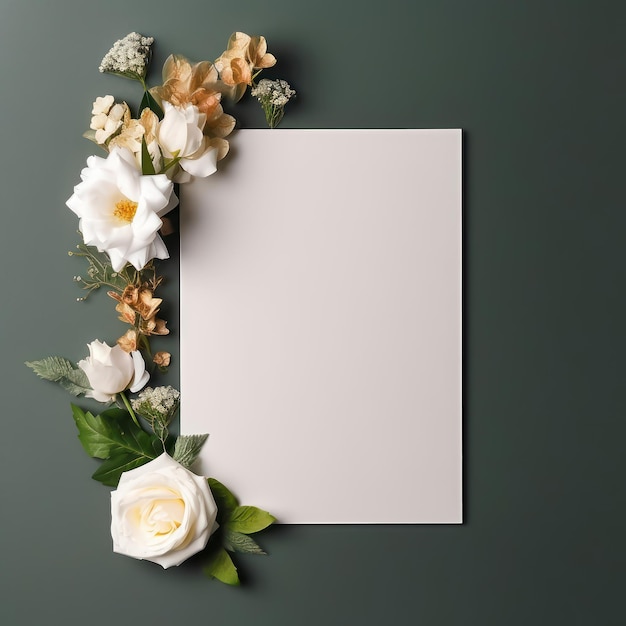 Blank white card with flowers around it on a Dark Khaki color background